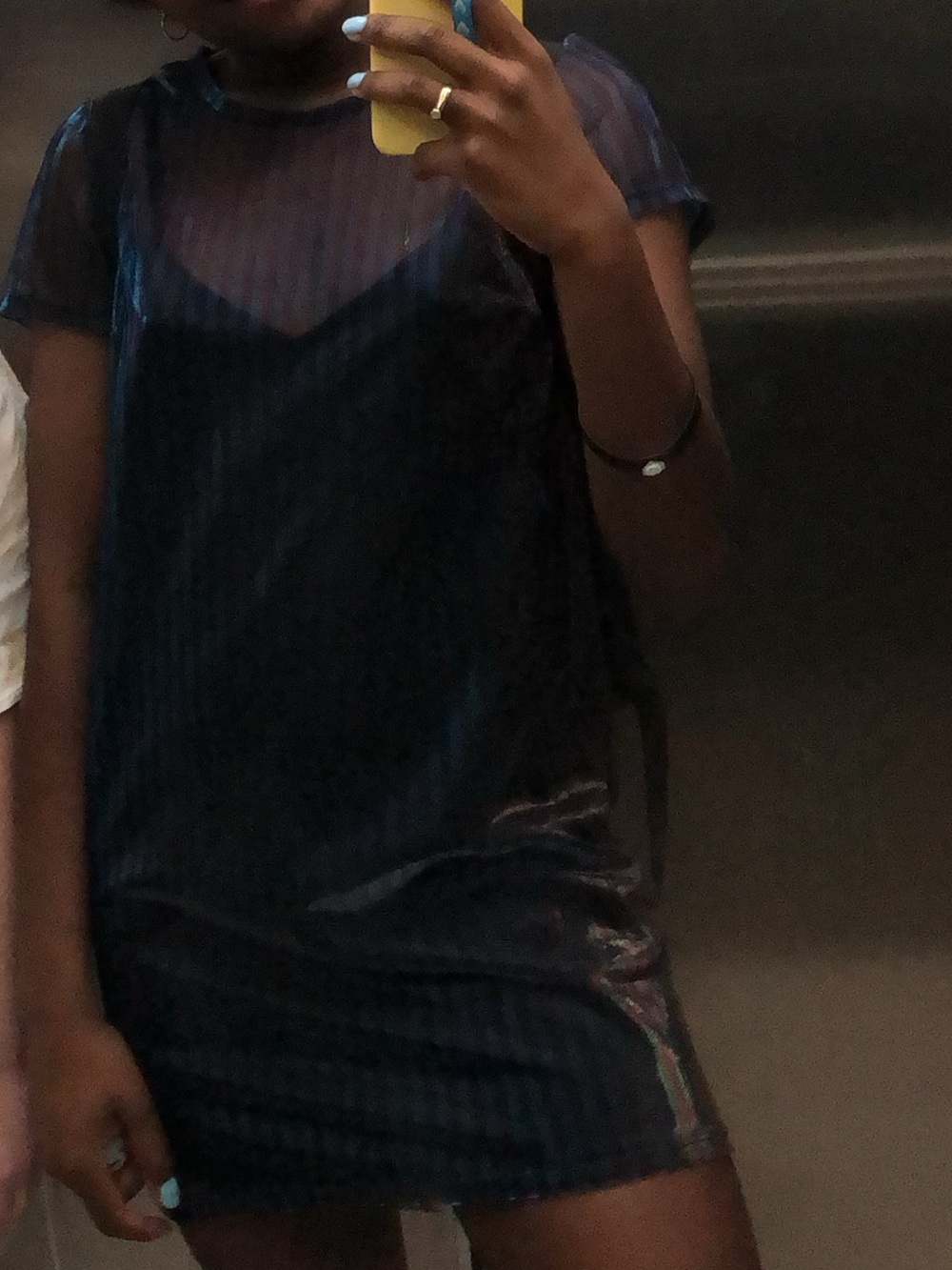 Forever 21 Sheer Navy Short Sleeve Slip Dress with Iridescent Sheen